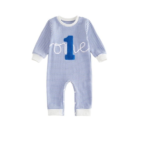 RUINIXCW Baby Boy First Birthday Outfit Romper Infant Boys 1st Birthday One Years Old Clothes Letter Embroidery Long Sleeve Waffled Striped Jumpsuit