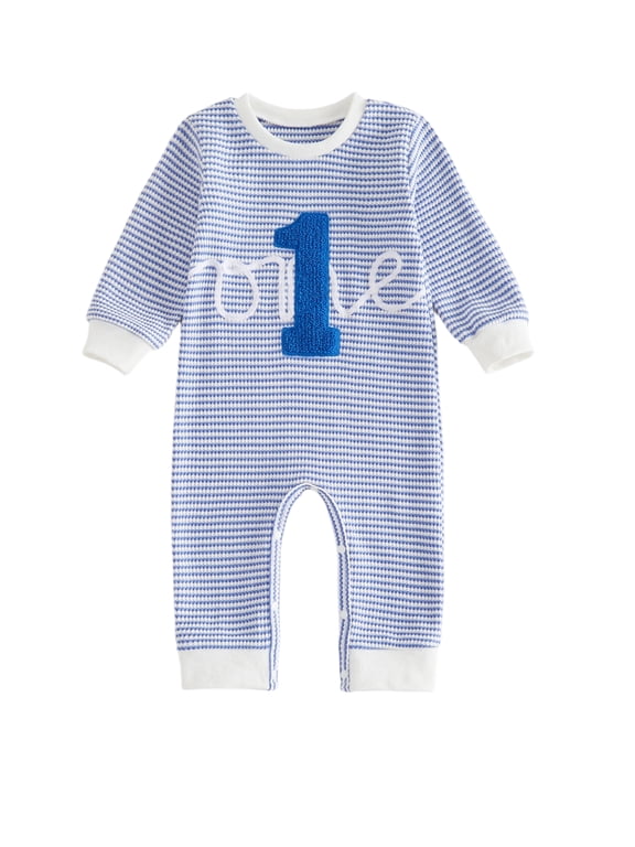 Baby Boy First Birthday Outfit Romper Infant Boys 1st Birthday One Years Old Clothes Letter Embroidery Long Sleeve Waffled Striped Jumpsuit