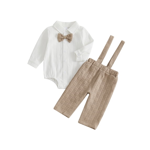 RUINIXCW Baby Boy Gentleman Outfits Spring Fall 2 Piece Church Outfits Infant Blessing Baptism Day Clothes Collar Button Down Long Sleeve Textured Romper Bowtie and Suspender Pants Set