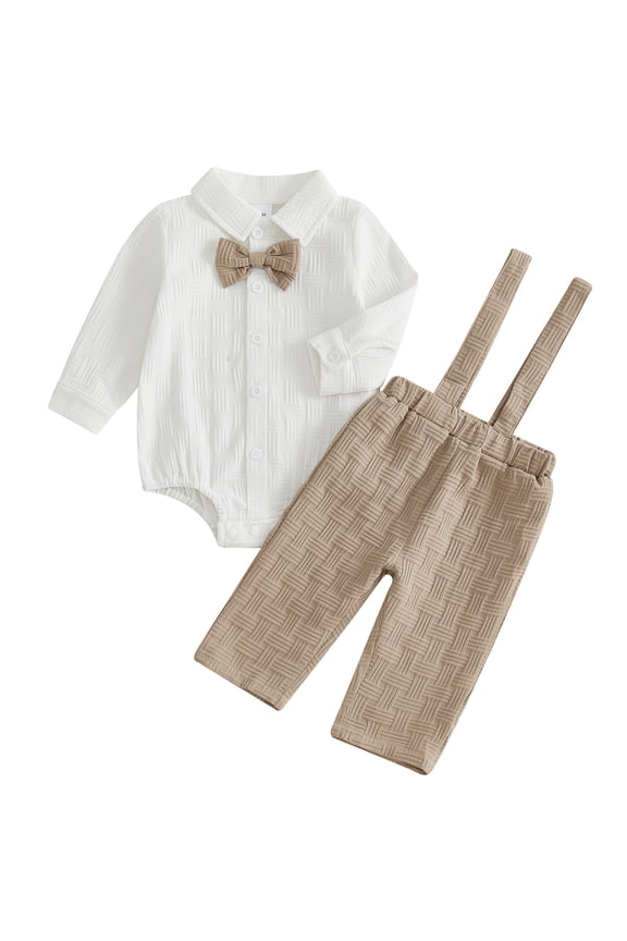 Baby Boy Gentleman Outfits Spring Fall 2 Piece Church Outfits Infant Blessing Baptism Day Clothes Collar Button Down Long Sleeve Textured Romper Bowtie and Suspender Pants Set