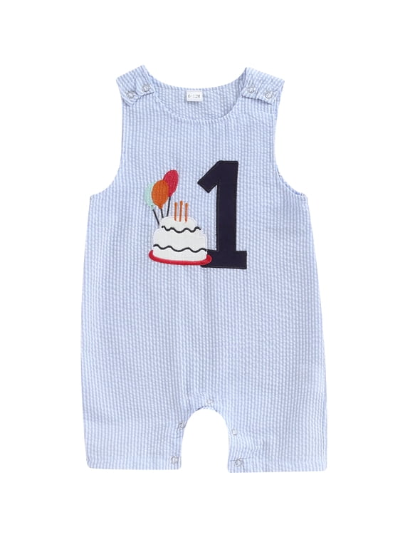 Baby Boy Girl First Birthday Outfit 1 Years Old Birthday Clothes Summer Fall Romper Overalls Cake Embroidery Striped Sleeveless Jumpsuit Playsuit