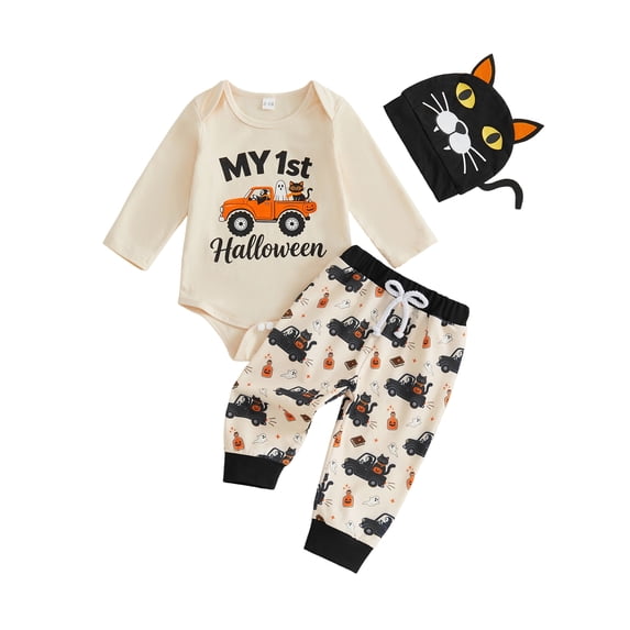 RUINIXCW Baby Boy Girl My First Halloween Outfit Fall Clothes Funny Pumpkin Ghost Spider Print Crew Neck Long Sleeve Romper Pants and Hat 3 Pcs Set