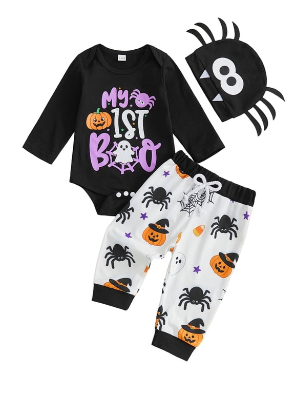 Baby Boy Girl My First Halloween Outfit Fall Clothes Funny Pumpkin Ghost Spider Print Crew Neck Long Sleeve Romper Pants and Hat 3 Pcs Set