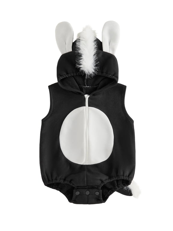Baby Boy Girl Skunk Costume Newborn Infant Halloween Animal Costume Cosplay Outfit Fall Winter Warm Clothes Sleeveless Zip Up Hooded Romper