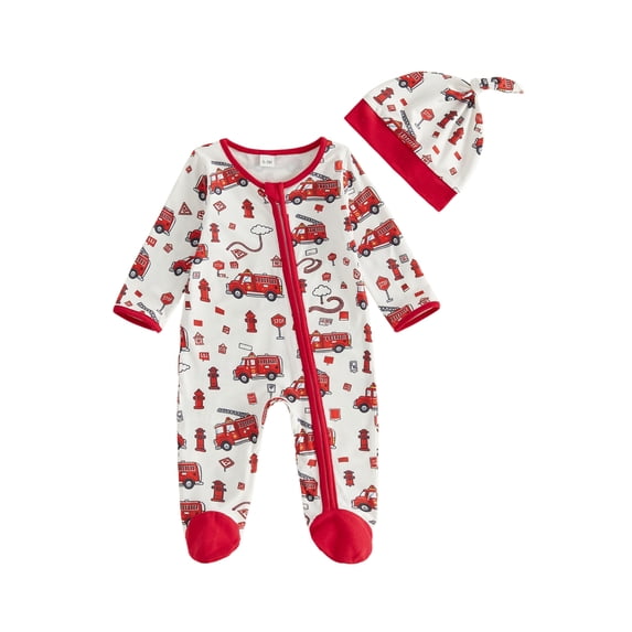 RUINIXCW Baby Boy Jumpsuit and Hat Set Long Sleeve Fire Truck Print Romper with Cap
