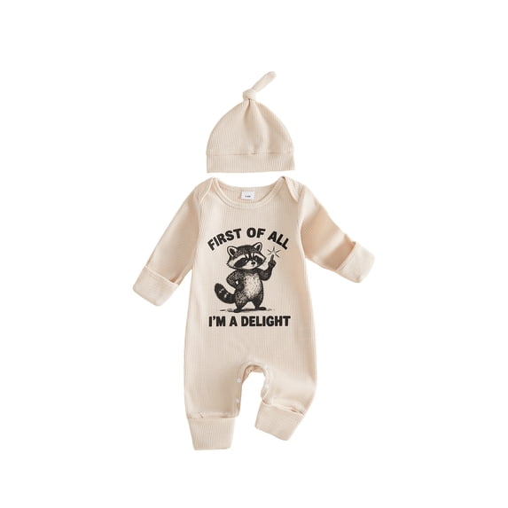 RUINIXCW Baby Boy Jumpsuit and Hat Set Long Sleeve Racoon Print Romper with Cap
