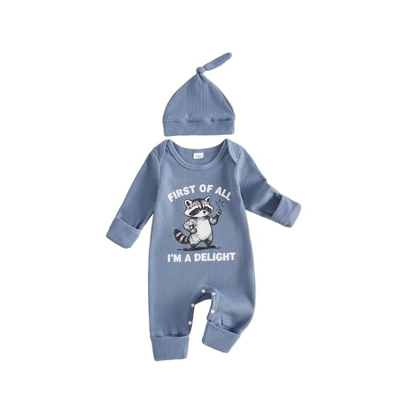 RUINIXCW Baby Boy Jumpsuit and Hat Set Long Sleeve Racoon Print Romper with Cap