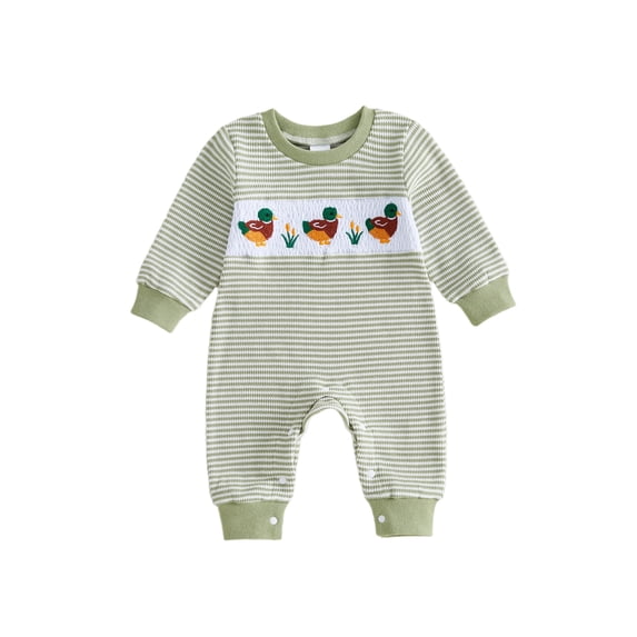 RUINIXCW Baby Boy Long Sleeve Romper Striped Mallard Embroidered Waffle Jumpsuit