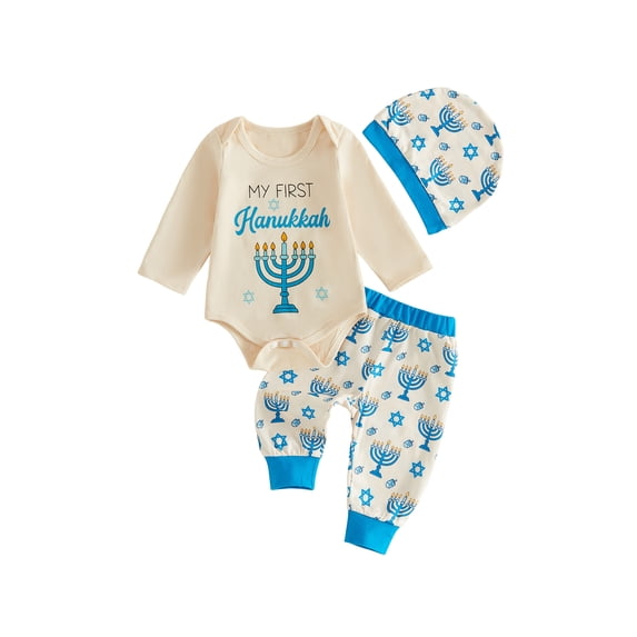 RUINIXCW Baby Boys First Hanukkah Outfits Dreidel Menorah Print Romper Pants Hat