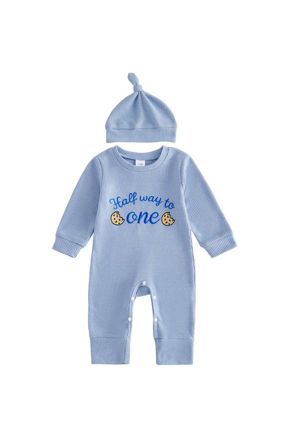 Baby Boys Half Birthday Outfit Long Sleeve Crewneck Letter Biscuit Print Ribbed Jumpsuit with Hat