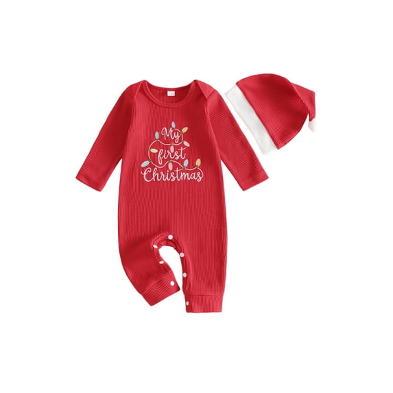 RUINIXCW Baby Christmas Romper Letter Embroidery Long Sleeve Jumpsuit with Hat