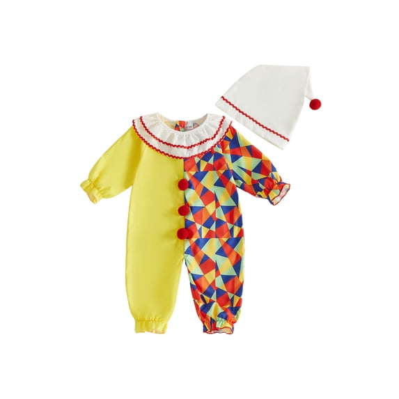 RUINIXCW Baby Clown Costume Set Long Sleeve Jumpsuit with Pom Pom Hat for Halloween Cosplay Party Photo Shoot