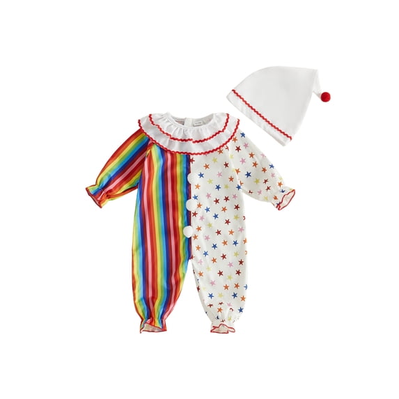 RUINIXCW Baby Clown Costume Set Long Sleeve Jumpsuit with Pom Pom Hat for Halloween Cosplay Party Photo Shoot