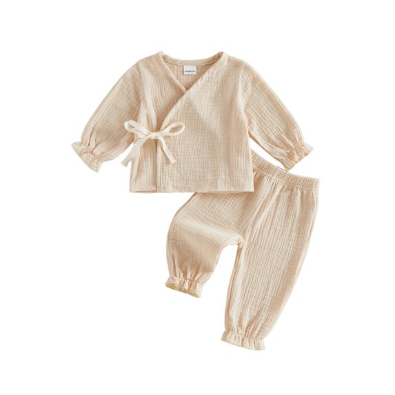RUINIXCW Baby Fall Cotton Linen Outfit Wrap V-Neck Tie up Long Sleeve Shirt Pants