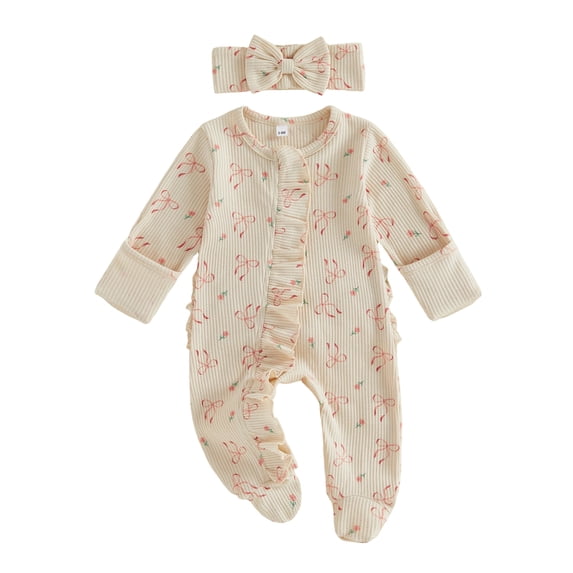 RUINIXCW Baby Girl 2Pcs Fall Outfits Long Sleeve Round Neck Bow Floral Print Jumpsuit with Headband Set
