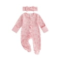 thumbnail image 1 of RUINIXCW Baby Girl 2Pcs Fall Outfits Long Sleeve Round Neck Bow Floral Print Jumpsuit with Headband Set, 1 of 4