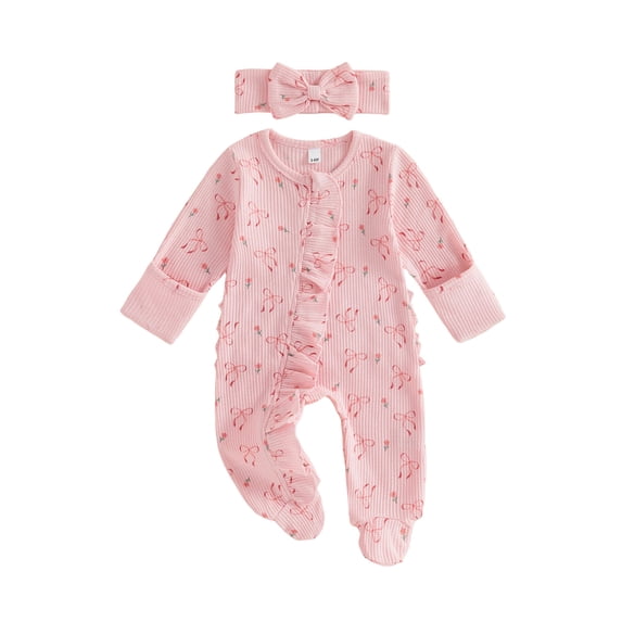 RUINIXCW Baby Girl 2Pcs Fall Outfits Long Sleeve Round Neck Bow Floral Print Jumpsuit with Headband Set