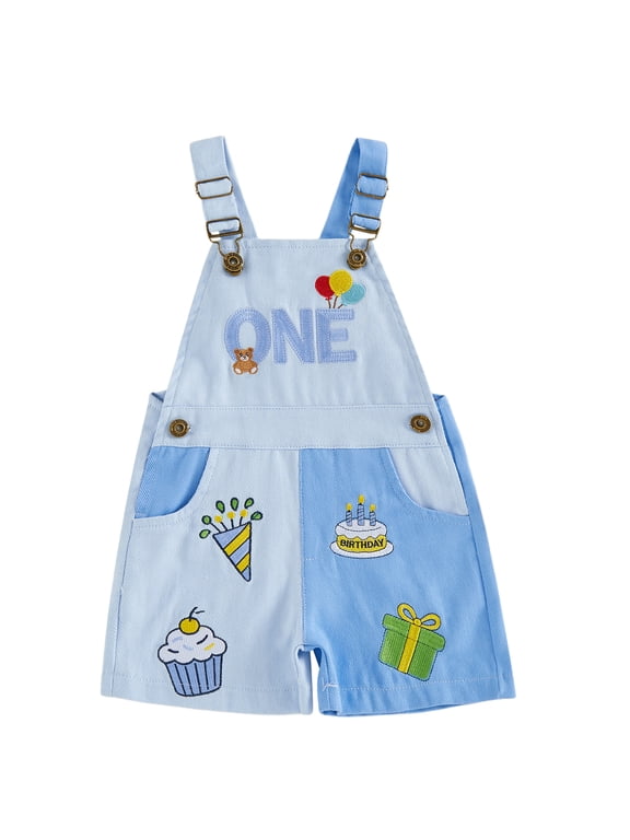Baby Girl Boy First Birthday Overalls Shorts 1st Birthday Outfit 1 Years Old Summer Fall Clothes Letter Cake Embroidery Adjustable Strap Romper Jumpsuit Bib Overalls