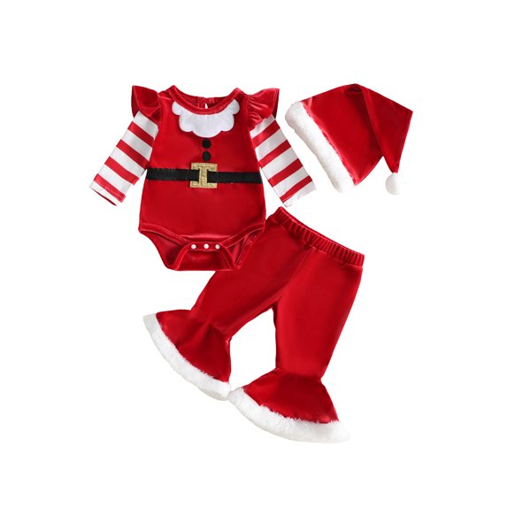 RUINIXCW Baby Girl Christmas Outfits Long Sleeve Ruffle Romper + Flare Pants + Hat