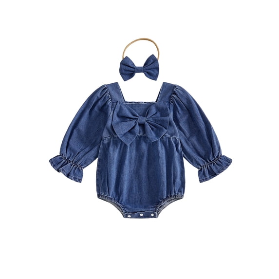 RUINIXCW Baby Girl Denim Romper Bow Front Long Sleeve Fall Bodysuits with Headband