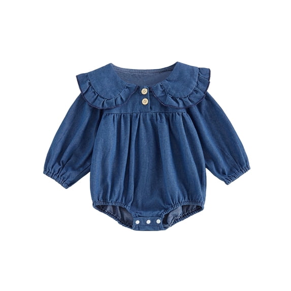 RUINIXCW Baby Girl Denim Romper Long Sleeve Doll Collar Button Front Bodysuit Spring Fall Outfit
