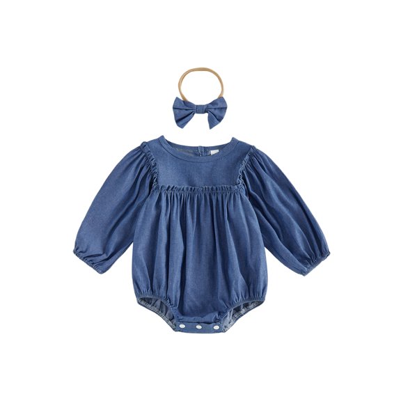 RUINIXCW Baby Girl Fall Outfit Frill Trim Long Sleeve Bubble Denim Romper and Bow Headband 2 Piece Set