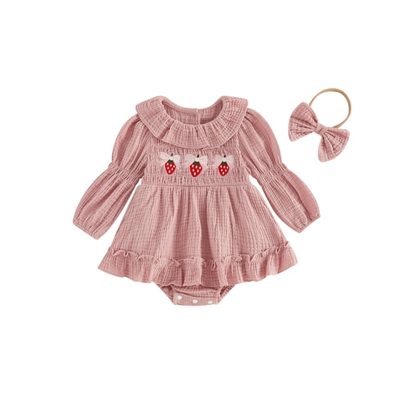 RUINIXCW Baby Girl Fall Outfits Goose/Strawberry Long Sleeve Ruffled Smocked Bubble Romper Dress and Bow Headband 2 Piece Set
