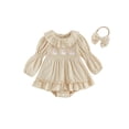 thumbnail image 1 of RUINIXCW Baby Girl Fall Outfits Goose/Strawberry Long Sleeve Ruffled Smocked Bubble Romper Dress and Bow Headband 2 Piece Set, 1 of 9