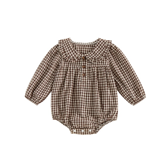 RUINIXCW Baby Girl Fall Romper Plaid Print Long Sleeve Doll Collar Button Front Bubble Bodysuit