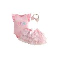 thumbnail image 1 of RUINIXCW Baby Girl First Birthday Cake Mesh Outfit 1st Birthday Clothes One Years Old Rainbow Sprinkles Fly Sleeve Romper Tulle Tutu Skirt Headband 3 Piece Set, 1 of 9