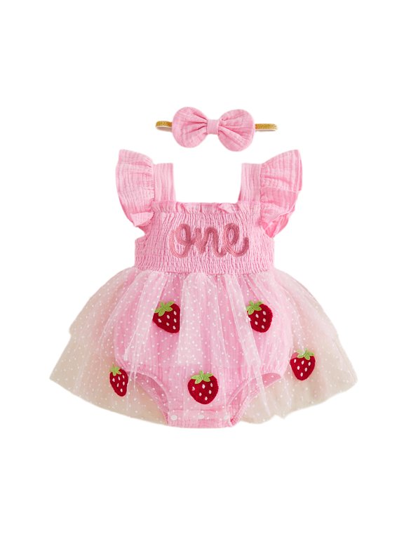 Baby Girl First Birthday Cake Mesh Outfit 1st Birthday Summer Clothes One Years Old Pink Romper Dress Strawberry Bow Embroidery Ruffled Sleeve Tulle Tutu Dress Headband