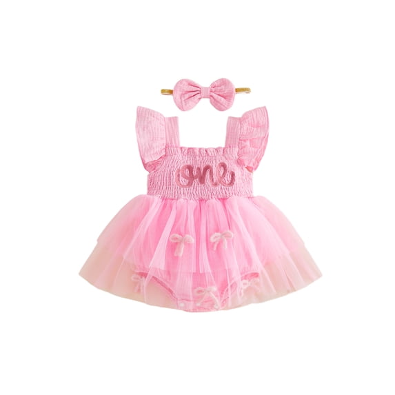 RUINIXCW Baby Girl First Birthday Cake Mesh Outfit 1st Birthday Summer Clothes One Years Old Pink Romper Dress Strawberry Bow Embroidery Ruffled Sleeve Tulle Tutu Dress Headband