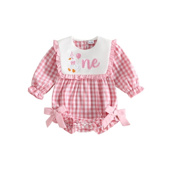 RUINIXCW Baby Girl First Birthday Outfit 1st Birthday Clothes Infant Girls Spring Fall Winter Plaid Bubble Romper Embroidery Long Sleeve Bow Bodysuit