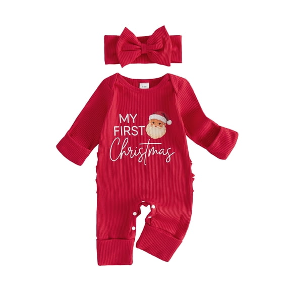 RUINIXCW Baby Girl First Christmas Outfit Letter Long Sleeve Romper Bow Headband