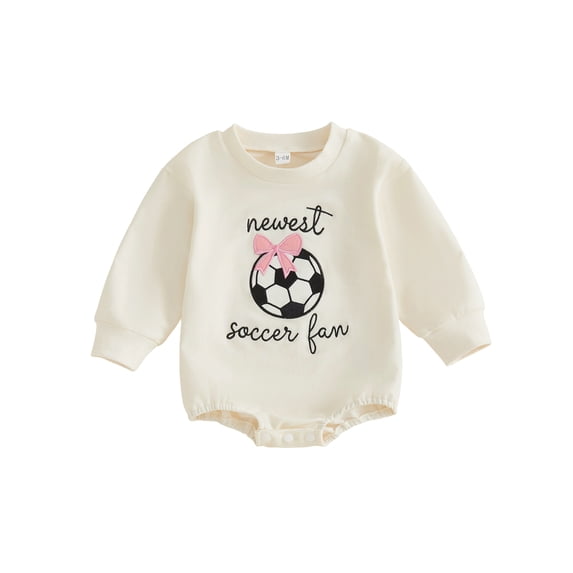 RUINIXCW Baby Girl Football Sweatshirt Romper Letter Soccer Ball Bow Embroidered Long Sleeve Bubble Bodysuit for Winter Fall