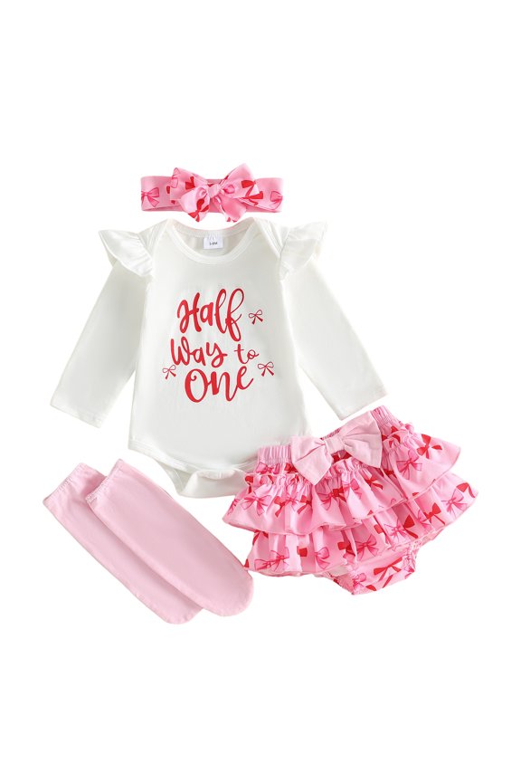 Baby Girl Half Birthday Outfits Bow Long Sleeve Romper Layered Ruffled Shorts Stockings and Headband 4 Piece Fall Set