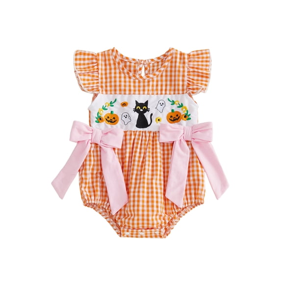 RUINIXCW Baby Girl Halloween Outfit Baby Girls Summer Fall Clothes Gingham Plaid Bubble Romper Pumpkin Witch Hat Embroidery Flying Sleeve Jumpsuit Playsuit with Bow