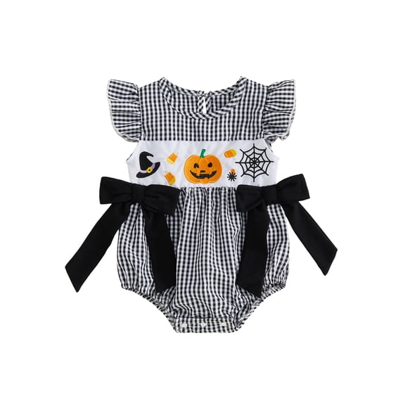 RUINIXCW Baby Girl Halloween Outfit Baby Girls Summer Fall Clothes Gingham Plaid Bubble Romper Pumpkin Witch Hat Embroidery Flying Sleeve Jumpsuit Playsuit with Bow