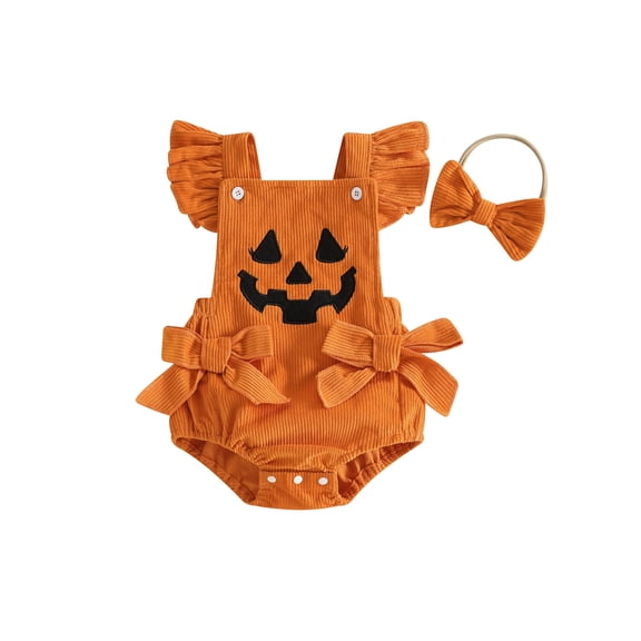 RUINIXCW Baby Girl Halloween Outfit Devil Face Pattern Bows Ribbed Flying Sleeve Romper and Bow Headband 2 Pcs Set Cosplsy