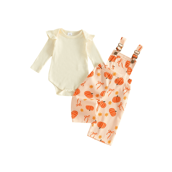 RUINIXCW Baby Girl Halloween Outfit Ribbed Long Sleeve Romper and Bow Pumpkin Floral Print Overalls 2 Pcs Set
