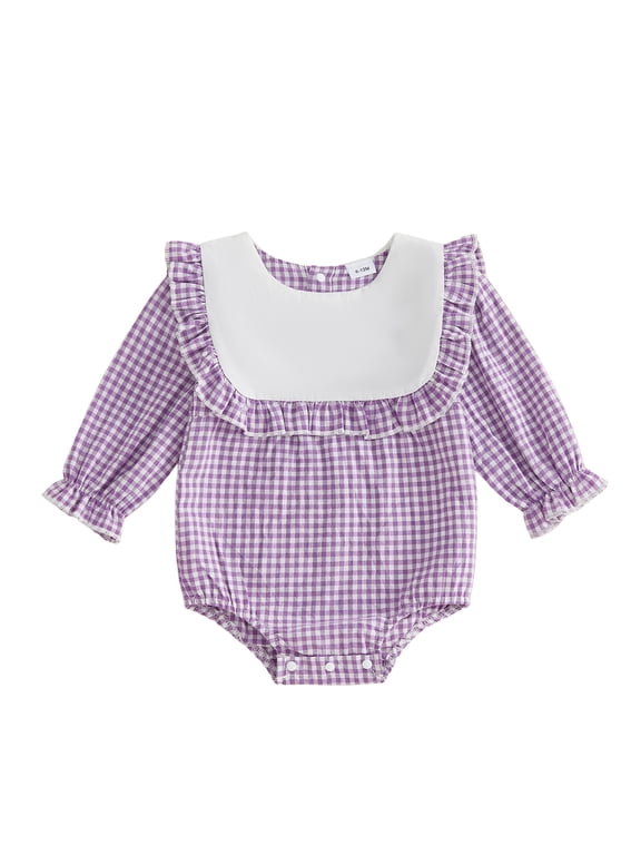 RUINIXCW Baby Girl Plaid Bubble Romper Ruffle Trim Long Sleeve Crewneck Bodysuit Cute Infant Fall Clothes