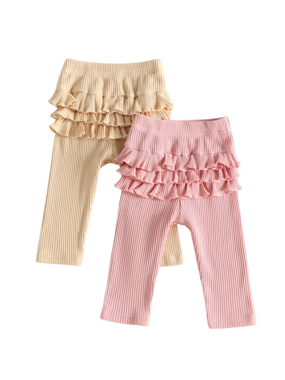 RUINIXCW Baby Girl Ruffle Pants 2 Pack Cute Solid Color Elastic Waist Trousers