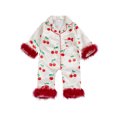 thumbnail image 1 of RUINIXCW Baby Girl Silk Satin Pajamas Romper Infant Baby Girls Spring Fall Clothes Sleepwear Cherry Print Fur Trim Button Down Long Sleeve Jumpsuit, 1 of 10