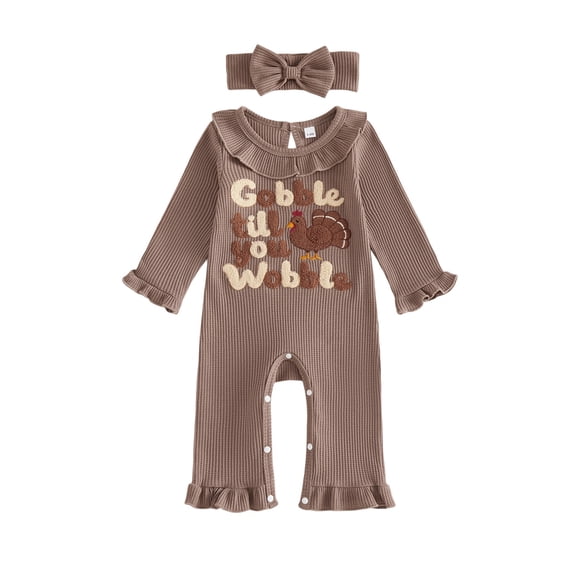 RUINIXCW Baby Girl Thanksgiving Outfit Turkey Letter Embroidered Ruffled Trim Long Sleeve Romper and Bow Headband 2 Pcs Set for Fall