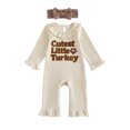 thumbnail image 1 of RUINIXCW Baby Girl Thanksgiving Outfit Turkey Letter Embroidered Ruffled Trim Long Sleeve Romper and Bow Headband 2 Pcs Set for Fall, 1 of 8