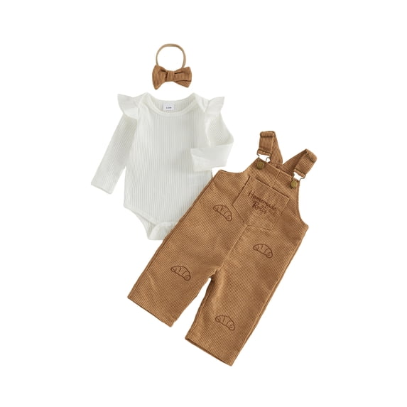 RUINIXCW Baby Girl Thanksgiving Outfits Ribbed Long Sleeve Romper Embroidered Corduroy Overall Pants and Bow Headband 3 Piece Fall Set