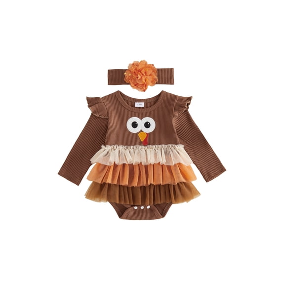 RUINIXCW Baby Girl Thanksgiving Turkey Romper with Tulle Ruffles Headband Long Sleeve Bodysuit for Holiday Party