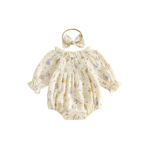 RUINIXCW Baby Girl Tulip Print Romper Long Sleeve Smocked Bust Bodysuit Headband