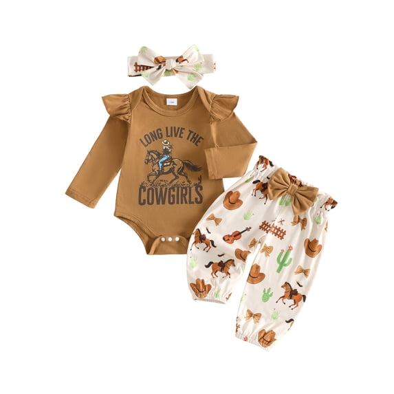 RUINIXCW Baby Girls Fall Outfit Western Style Long Sleeve Romper with Pants Headband