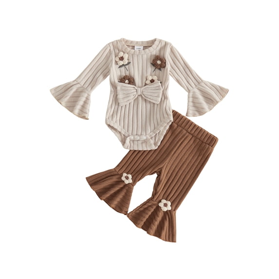 RUINIXCW Baby Girls Fall Outfits Long Sleeve Floral Embroidery Romper Flared Pants